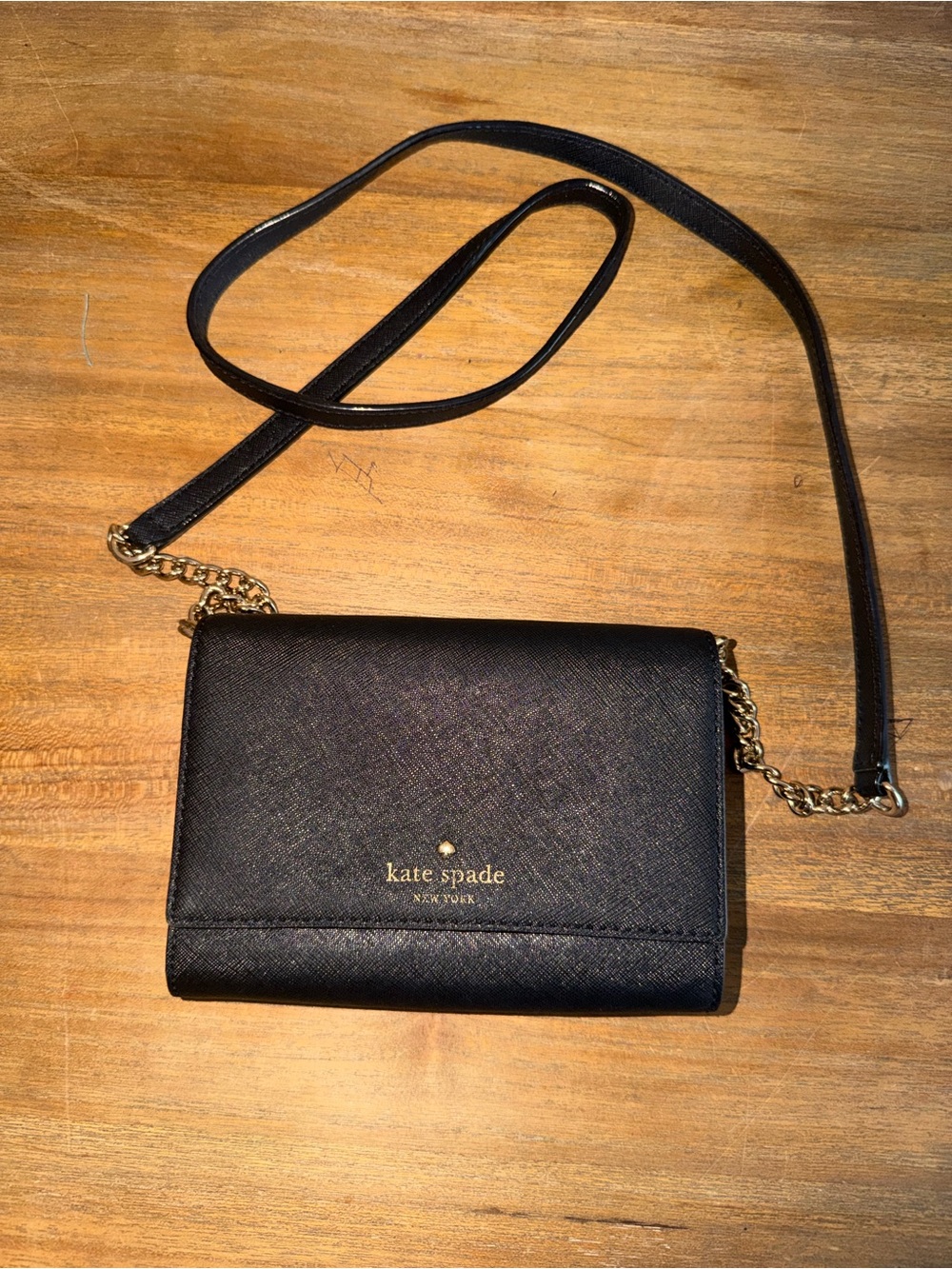 kate spade black mini crossbody wallet with gold chain